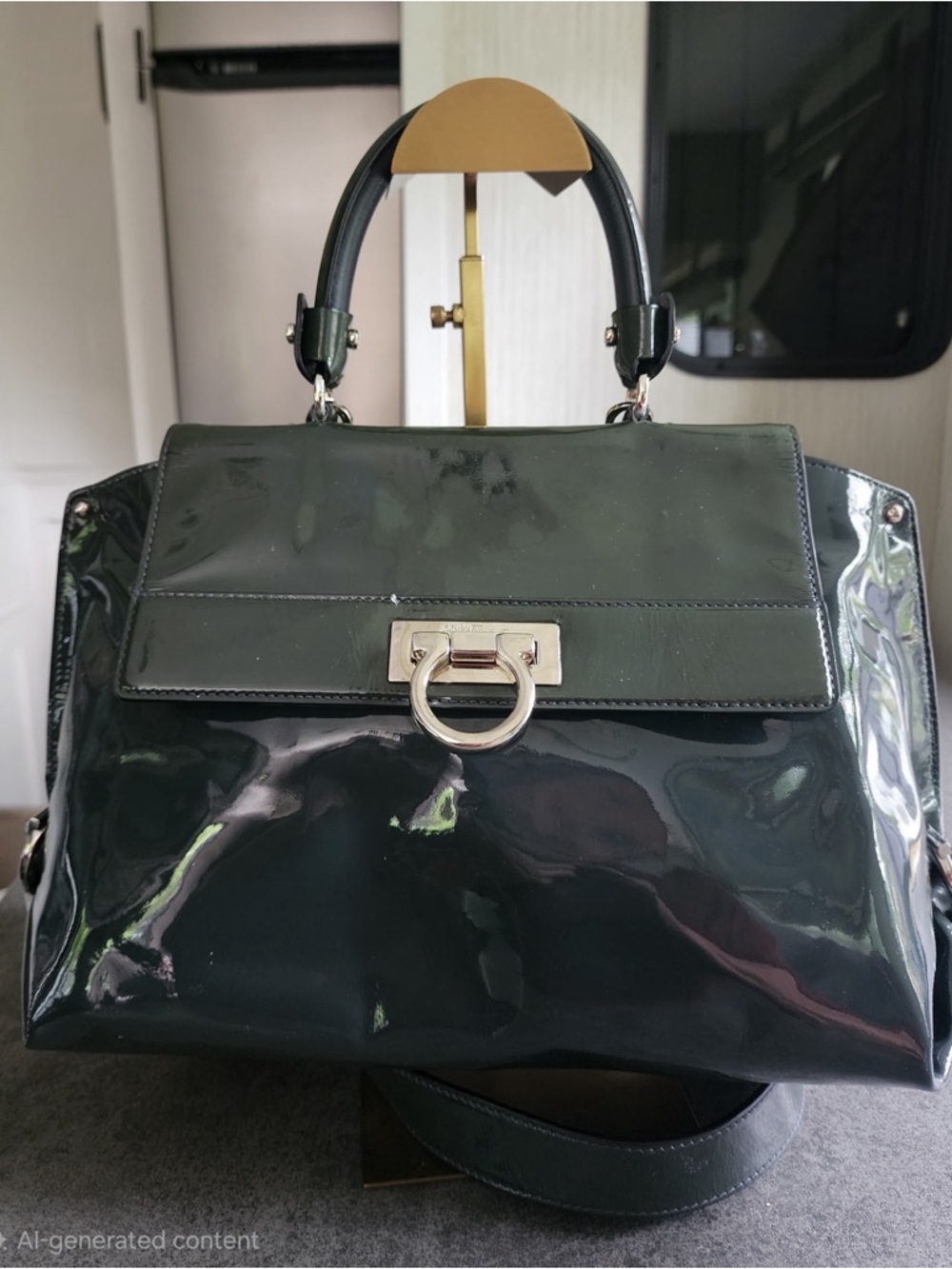 Salvatore Ferragamo Glossy Dark Green Patent Satchel with Silver Hardware